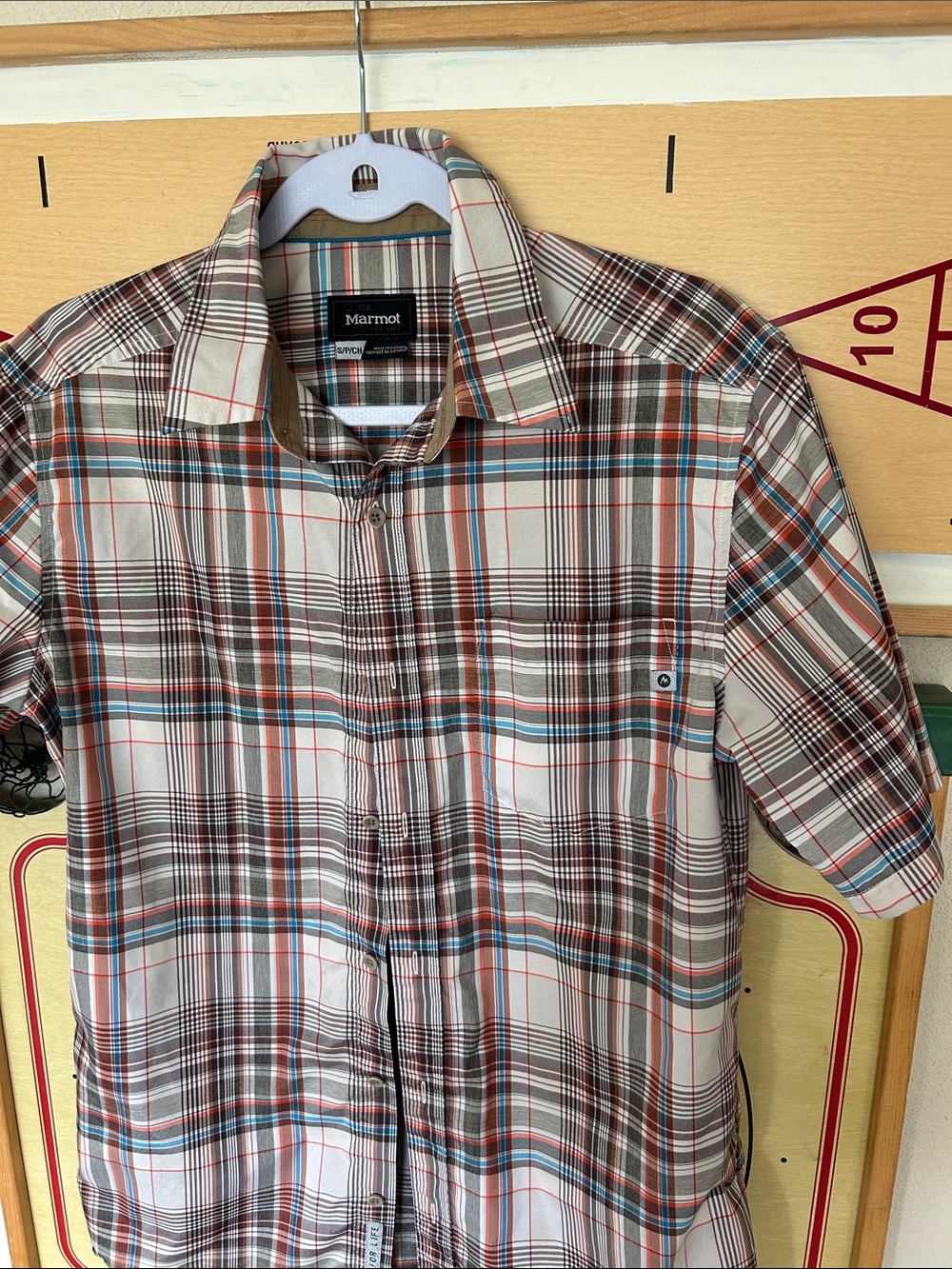 Marmot Men's Short Sleeve Plaid Button-Up — Beige, Brown & Blue